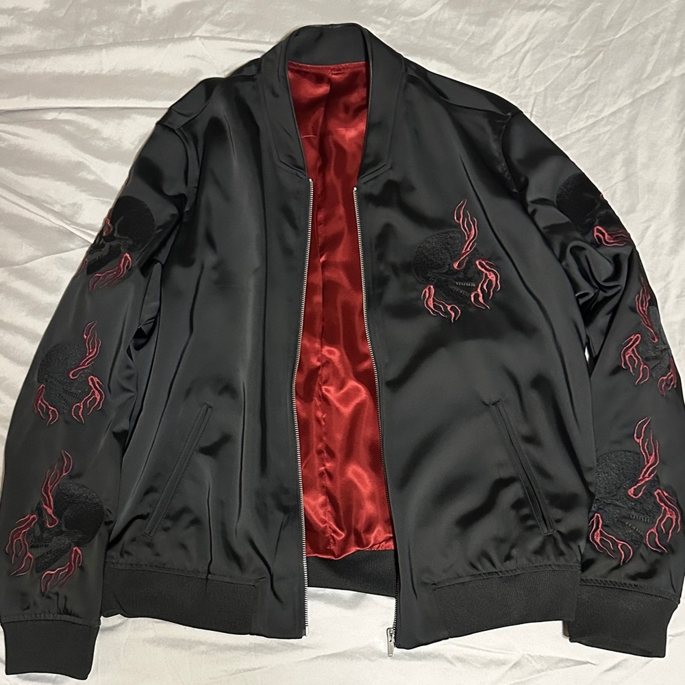 The Kooples Black Bomber Jacket with Red Accents - Picture 2 of 3